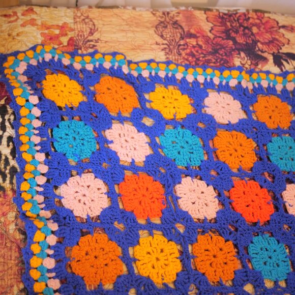 vtg Blue Orange Crochet Granny Square Flower Afghan Throw Boho Hippie 57" x 81" - Picture 4 of 9